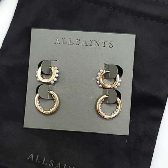 AllSaints Gold & Pearl Set of Huggie Hoop Earrings - Picture 2 of 4